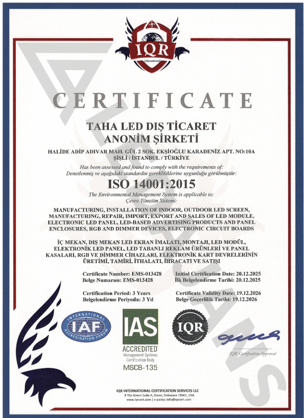 TAHA LED Dış Ticaret A.Ş. ISO 14001:2015 çevre yönetim sistemi sertifikası