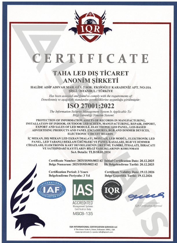 TAHA LED Dış Ticaret A.Ş. ISO IEC 27001:2022 bilgi güvenliği yönetim sistemi sertifikası