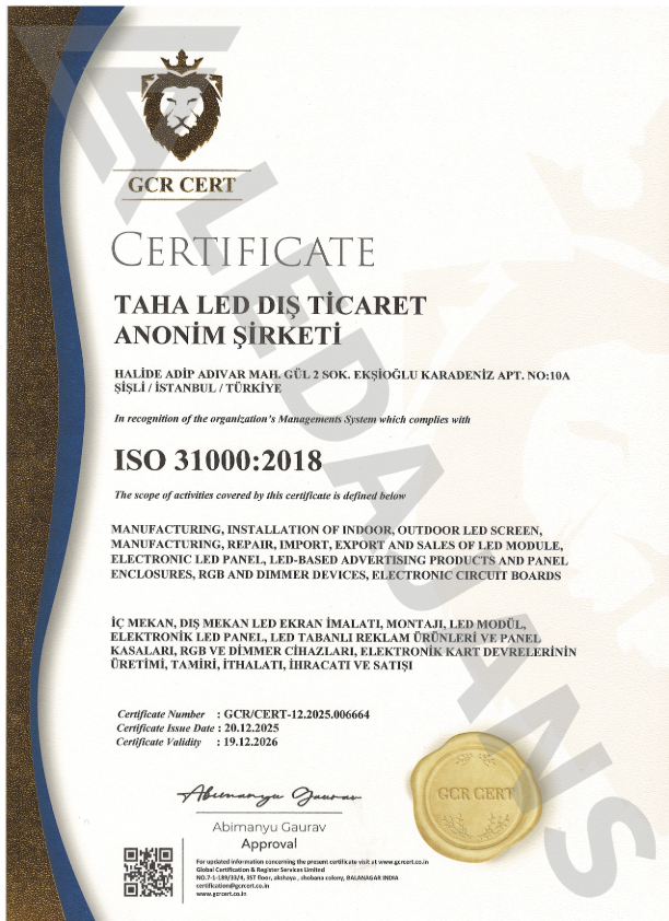 TAHA LED Dış Ticaret A.Ş. ISO 31000:2018 kurumsal risk yönetimi uygunluk belgesi