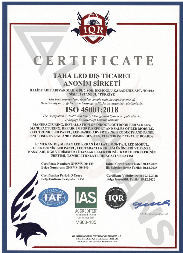 TAHA LED Dış Ticaret A.Ş. ISO 45001:2018 iş sağlığı ve güvenliği yönetim sistemi sertifikası