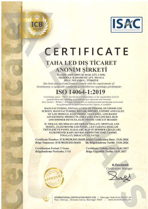 TAHA LED Dış Ticaret A.Ş. ISO 14064-1:2019 sera gazı kurumsal raporlama uygunluk belgesi